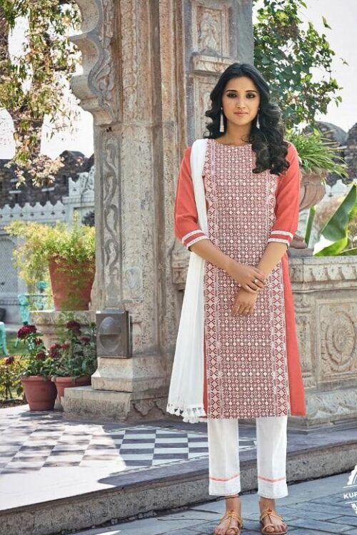 Stitched Gorgeous Lucknowbi Cotton Slub Fabric Long Straight Type Kurti and Bottom with Dupatta